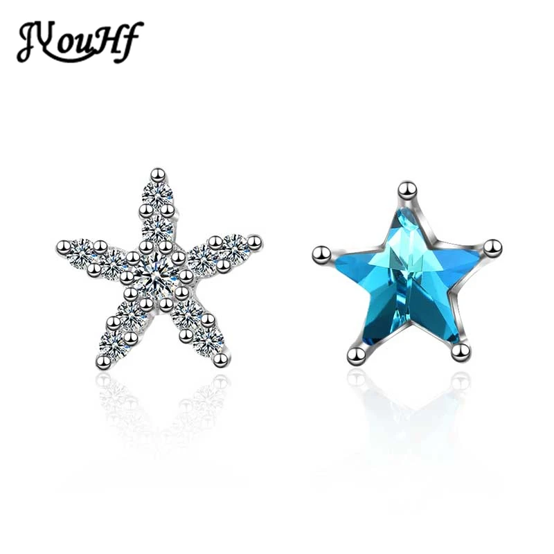 

JYouHF New Fashion Korean Style Asymmetry Star Stud Earrings for Women Jewelry Simple Blue Crystal Star Earrings Christmas Gift