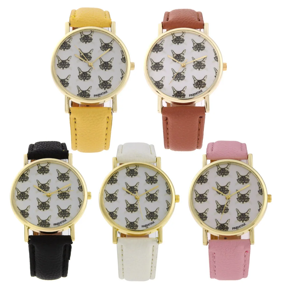 

2018 New Arrival Lovely Cat Printed Pattern Leather Watch Analog Quartz Vogue Wrist Watches Fit for Women Lady Girl