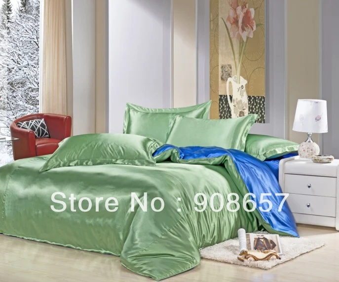 

green blue mix match colors Smooth Shiny imitated silk satin bed linen girls bedding comforter queen/full quilt duvet covers set