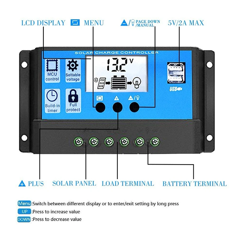 10A/20A автоматический Солнечный Контроллер заряда PWM контроллеры lcd Dual USB 5V Выход солнечная панель PV регулятор