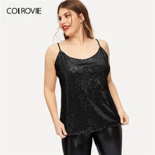 COLROVIE плюс размер черный блесток Cami сексуальный жилет женская одежда Весна Спагетти ремень жилеты для вечеринки Женская Клубная рубашка Топ