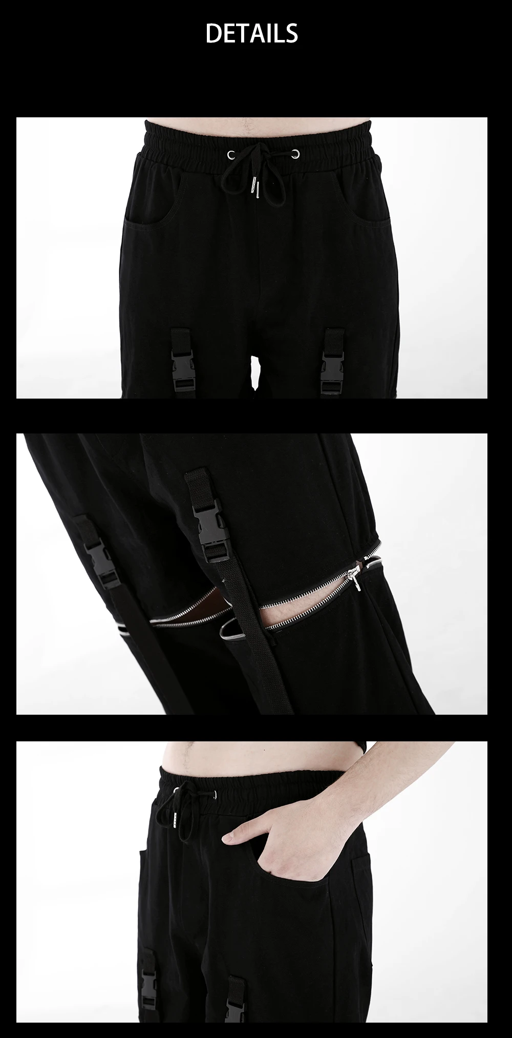 Новое поступление мужские черные длинные брюки двойные молнии функциональные брюки Пряжка ремни модная одежда