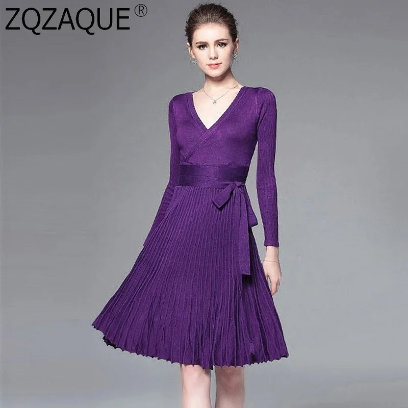 

Sexy Long Sleeves Knit Dress V-neck Knee-length Pleated Dress for Women 2019 Summer Fall All-match One-piece Dress with Sashes
