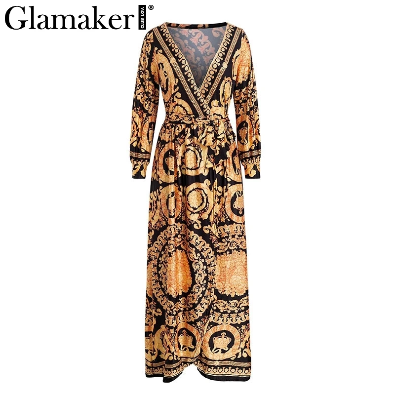 Glamaker Vintage split christmas dress Women winter elegant print maxi dress long sleeve Autumn loose party boho sexy dress robe