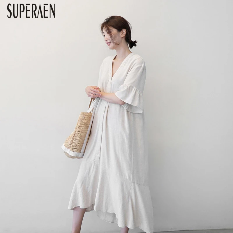 

SuperAen New Cotton and Linen Dress Women Casual Summer 2019 Ladies Dress Solid Color V-neck Wild Women Clothing