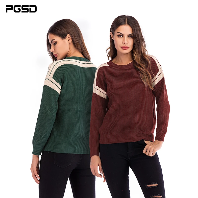

PGSD Autumn Winter fashion Women Clothes Colour matched long sleeved knitted sweater loose O-collar Pullover female