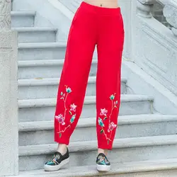 2019 женские весенние повседневные свободные хлопковые льняные брюки до щиколотки с карманами с вышивкой, прямые брюки со средней талией