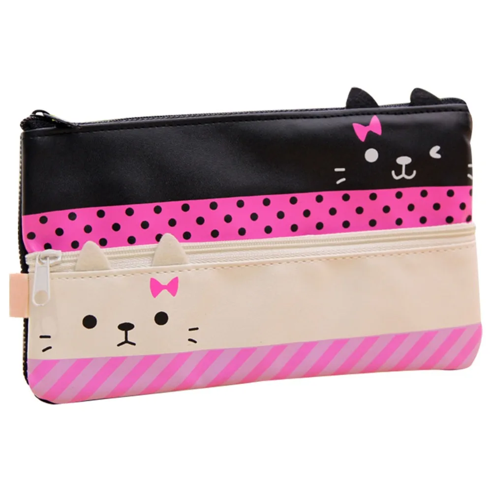

Pink Black Color Pencil Bag kawaii Canvas 20 cm School Supplies Stationery Bag Cute Cat Style Pencil Case for Students