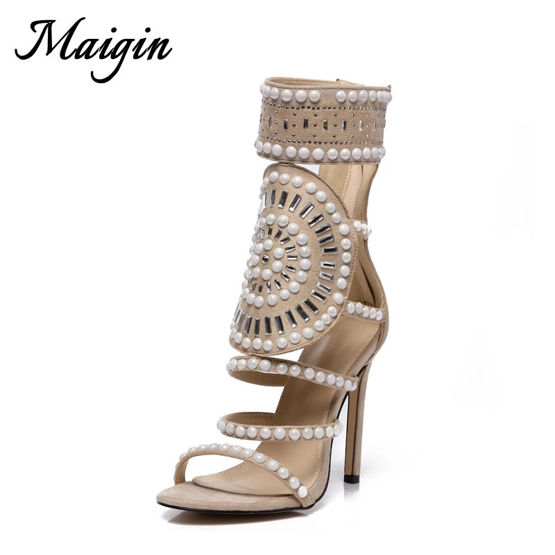 Maigin Gladiator Sandals Women 2018 New High Heels Summer Ankle Boots Pearl Crystal High Footwear Big Size 10 Female Shoes