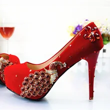 Fashion Women Crystal Applique Rhinestone Beads Red Wedding Party Shoes Lady High Heel Shoes