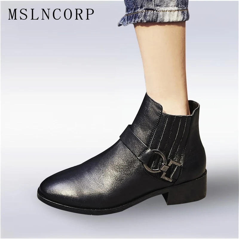 

Plus Size 34-43 Spring Autumn Fashion Boots Women Chelsea Low Heels Shoes Lady Genuine Leather Boots Brand Martin Boots Black