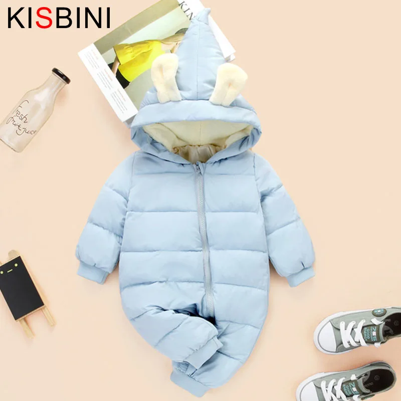 KISBINI/Детские комбинезоны; зимние куртки; одежда для маленьких девочек; зимние пальто; стильные комбинезоны с кроличьими ушками для маленьких мальчиков; Одежда для новорожденных