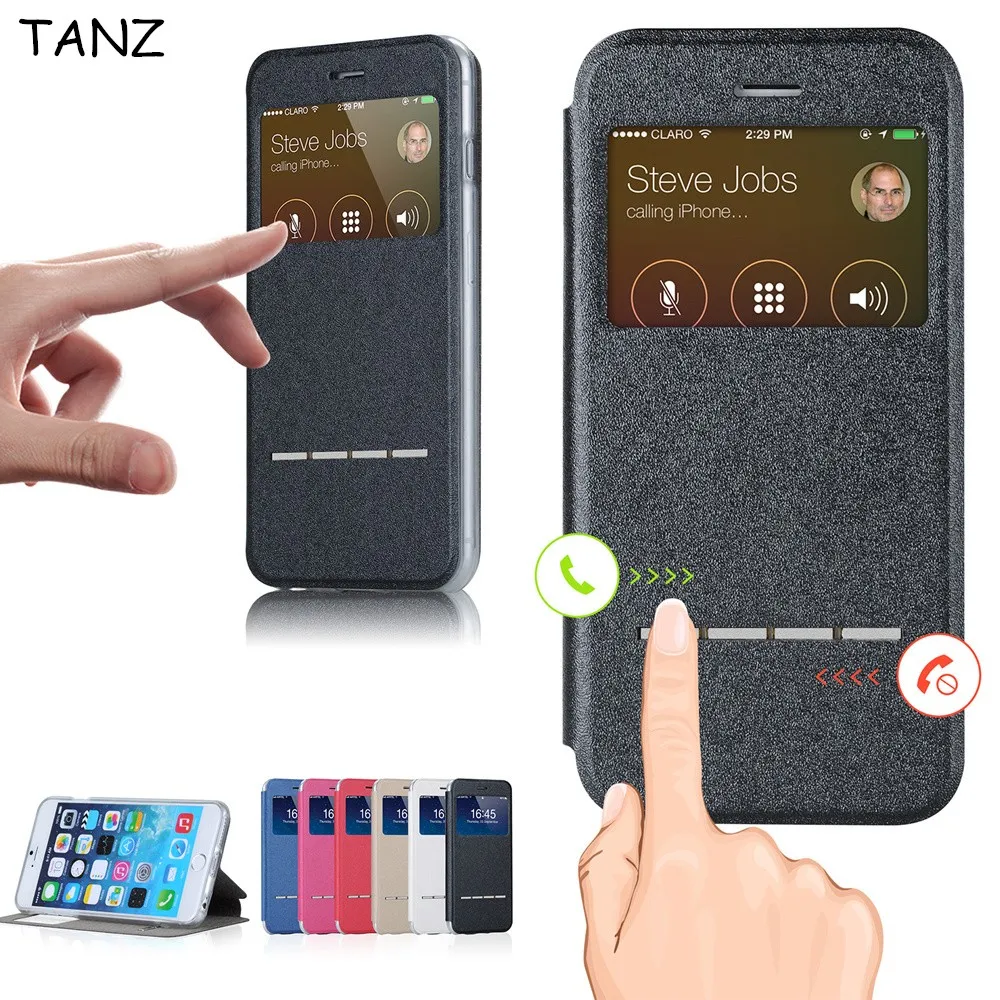 

TANZ Smart Window View Case For Apple iPhone 5C 6 6S Plus 5S SE Leather Flip Back Cover Case Magnetic Sliding Answer Calls