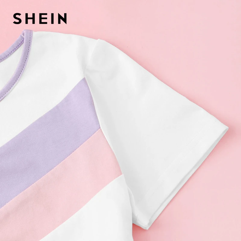 SHEIN/Детская футболка с нашивками и плиссированная юбка с эластичной резинкой на талии Одежда для девочек-подростков комплект из двух предметов г. Летняя повседневная детская одежда