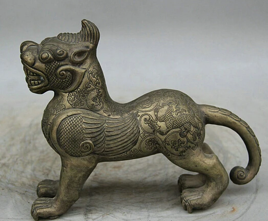 

JP S0524 9" Antique Old Chinese Handmade Copper Dragon Design Tiger Beast Unicorn Statue B0403