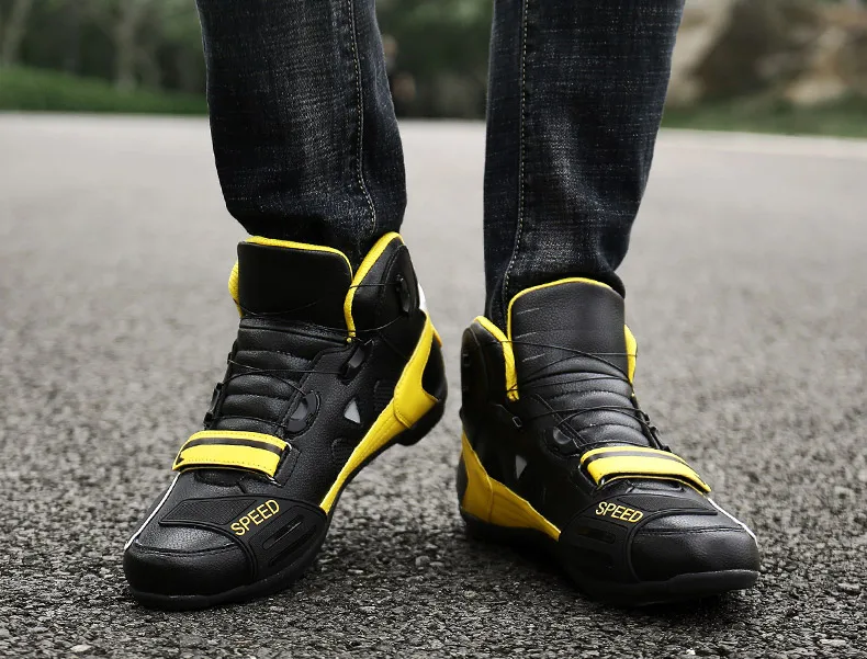 Gomaround Мужские ботинки в байкерском стиле и женские высокие ботильоны Кроссовки для бега Байкерская кожа из микрофибры дышащие гоночные мотоциклетные ботинки