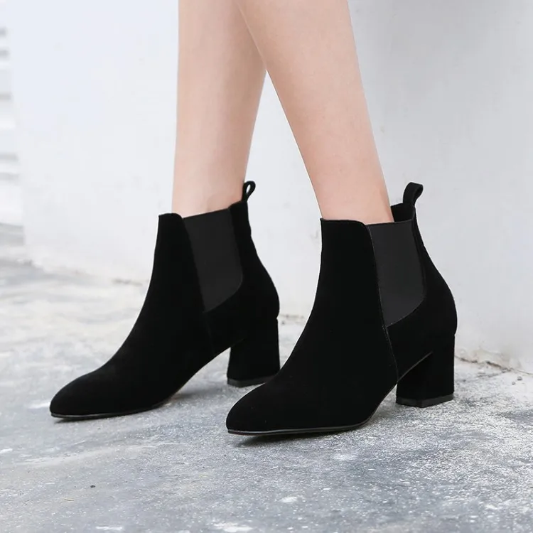 

Big Size 9 10 11 12 Pointed suede solid-color thick-heeled boots