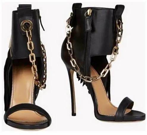 

Hot selling black leather sandal high heel summer open toe chains decorations gladiator sandal woman cutouts thin heels shoes