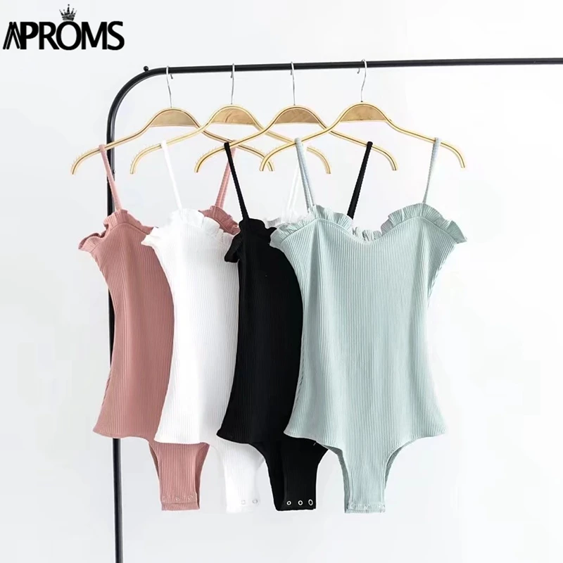 Aproms Ruffles Ribbed Knitted Bodysuit Women Sleeveless Slim Romper Jumpsuit High Street Bodysuits Basic Tops for Women Clothing