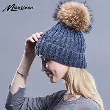 Женская зимняя шапка, шерстяная вязаная шапочка, шапка, настоящий натуральный мех, шапка с помпоном, одноцветная Кепка Gorros, Женская Повседневная теплая утолщенная шапка