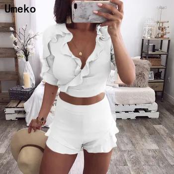 

Umeko Ruffles Black White Tees Women V Neck Half Sleeve Sexy Clubwear Fashion Solid Color Fitting Female Tops Feminina