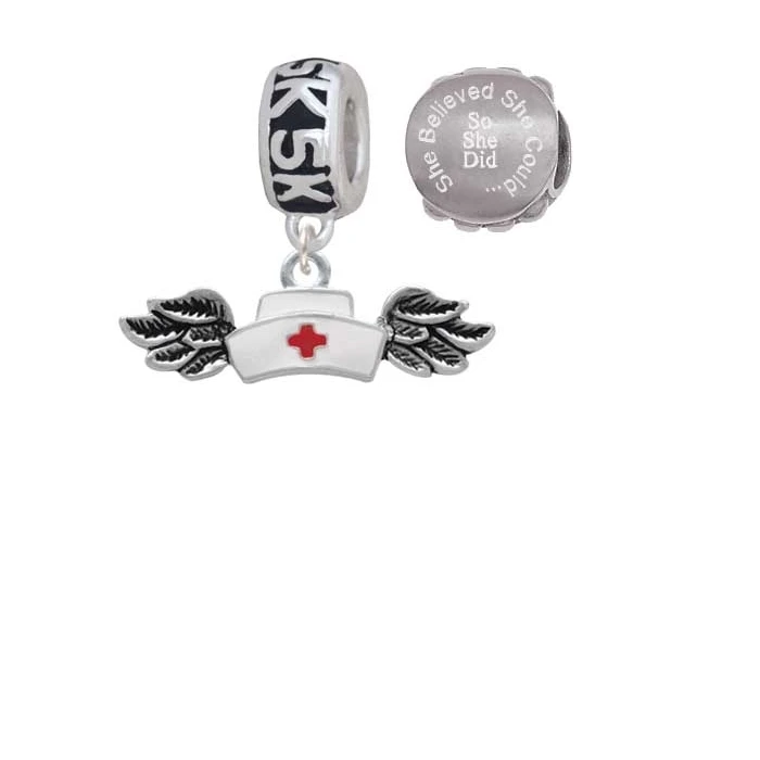 Enamel Nurse Hat with Wings 5K Run She Believed She Could Charm Beads (Set of 2)