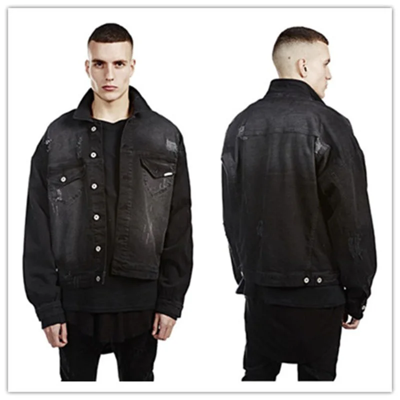 Hi-Street Men Ripped Ribbon jeans Jackets coats washed black good quality Denim Man Slim Fit Streetwear HipHop Vintage Jacket
