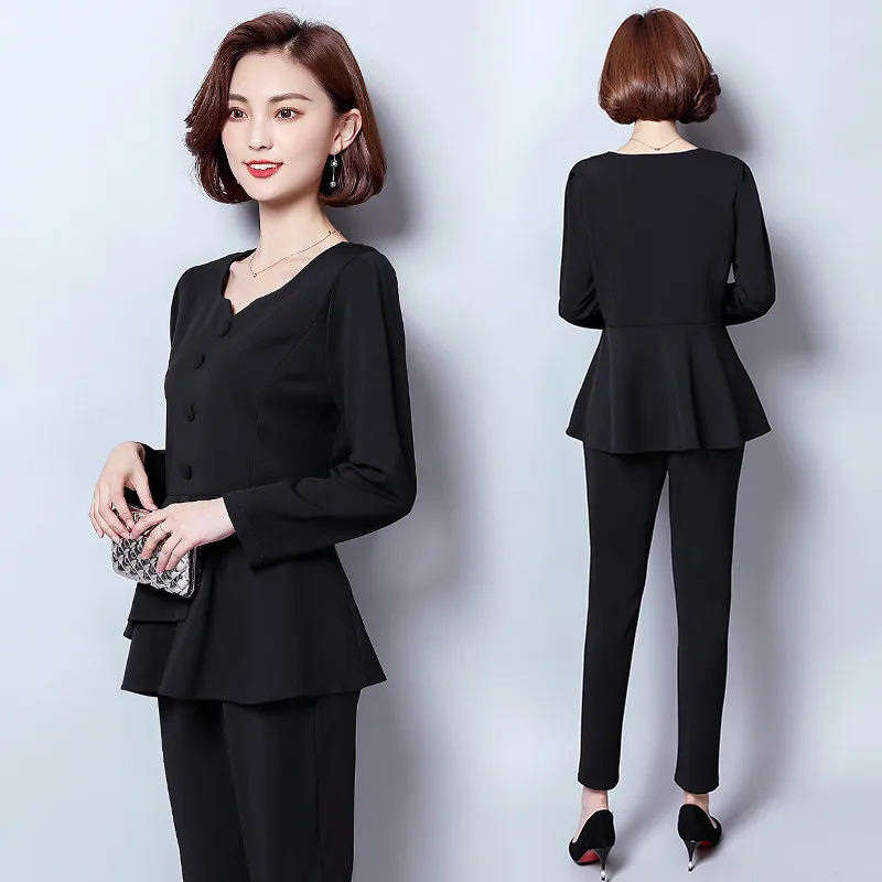 L-5xl الأسود عارضة 2 قطعة مجموعة المرأة زائد حجم طويلة الأكمام بلوزات وسراويل مجموعات الدعاوى مكتب أنيقة اثنين من قطعة مجموعة المرأة مجموعات