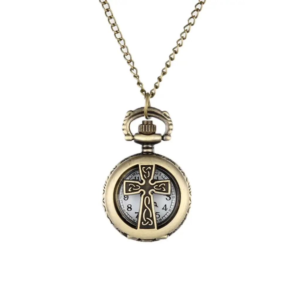 Винтажный бронзовый крест Распятие полые кварцевые карманные часы ожерелье кулон для женщин мужчин подарки LXH - Цвет: as show