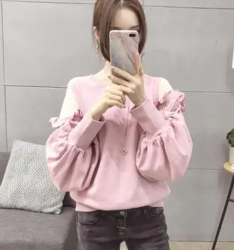 

Polyester Cotton Pullovers Rushed Kpop Moletom Feminino Women Free Shipping 2020 Korean New Loose Lantern Sleeve Neck Shirt