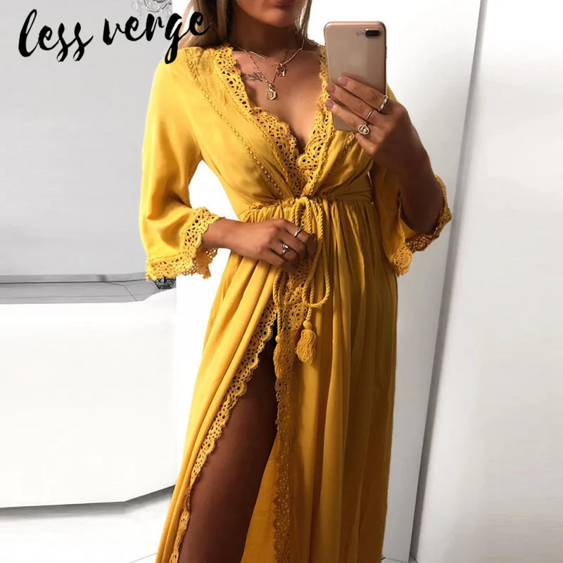 

Lessverge Lace chiffon wrap beach women dress Summer elegant black bandage long dress Female yellow sexy boho green dress robe