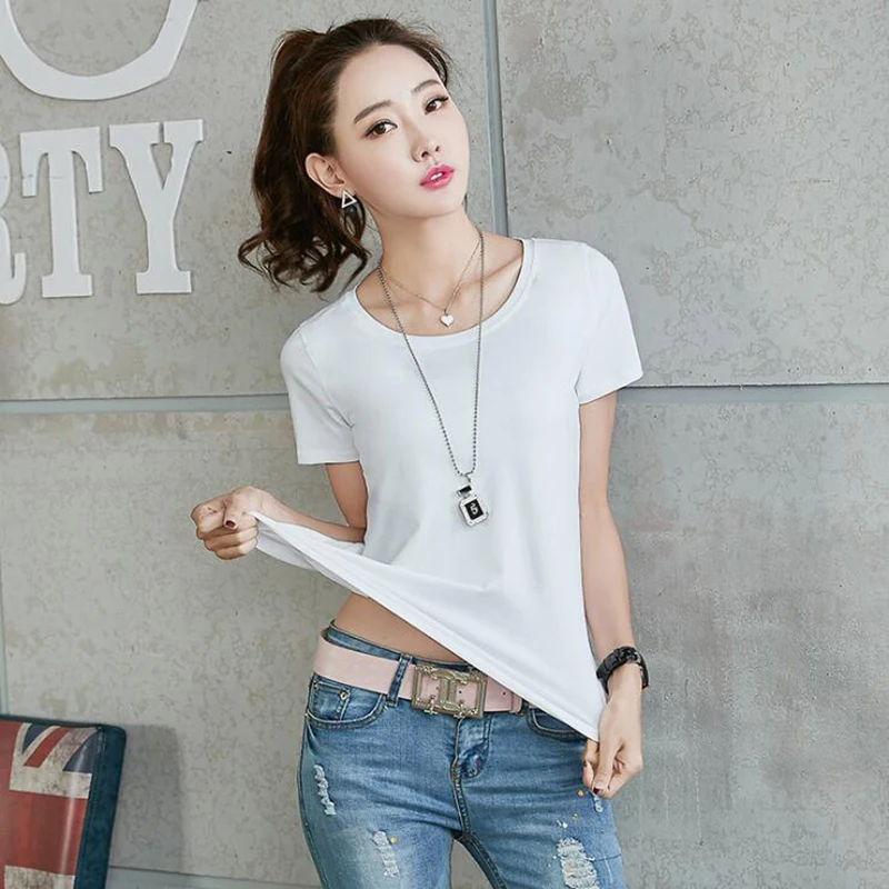 

2019 Summer T-shirt Women Casual Top Tee Cotton Short Sleeve Tshirt Female Clothing Solid Candy Color Lady T Shirt Plus Size 4XL