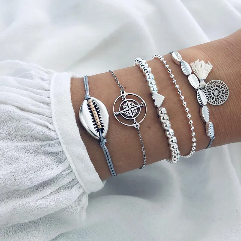 5Pcs/ Set Boho Compass Carved Leaf Shell Heart Beads Chain Bracelet Women Charm Multilayer Party Combination | Украшения и