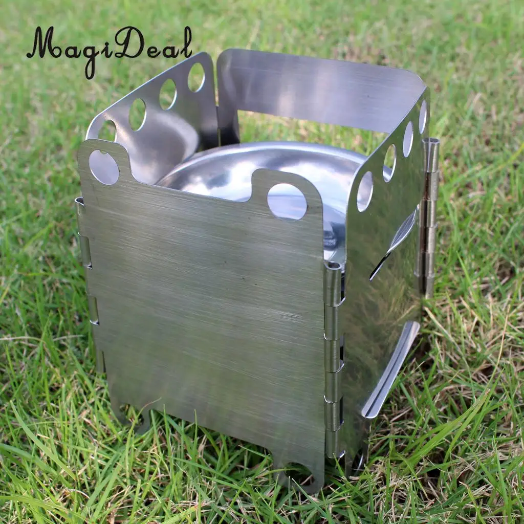 MagiDeal Camping Stove Stainless Steel Folding Wood Stove Alcohol Burner Pocket Compact Foldable Stove Outdoors Small Tools