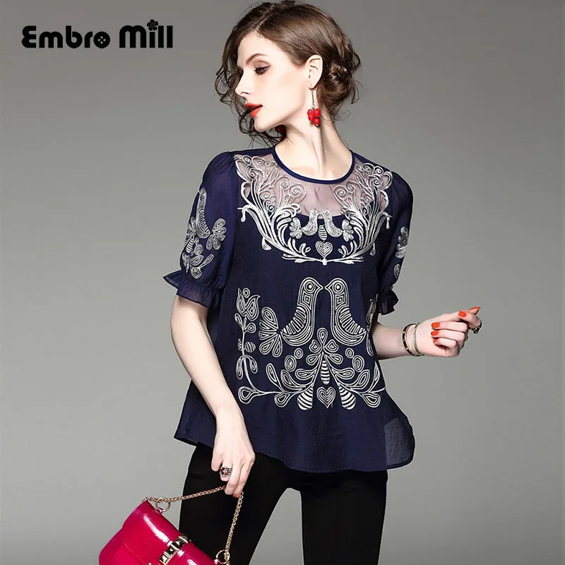 High end women blouse shirt summer runway new retro folk embroidery
