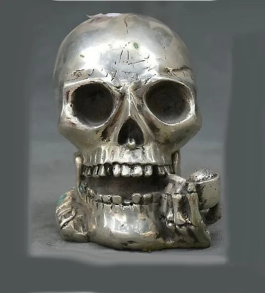 

5" Old Chinese Silver Skull Skeleton Dead Head Cranium Smoking Statue Sculpture