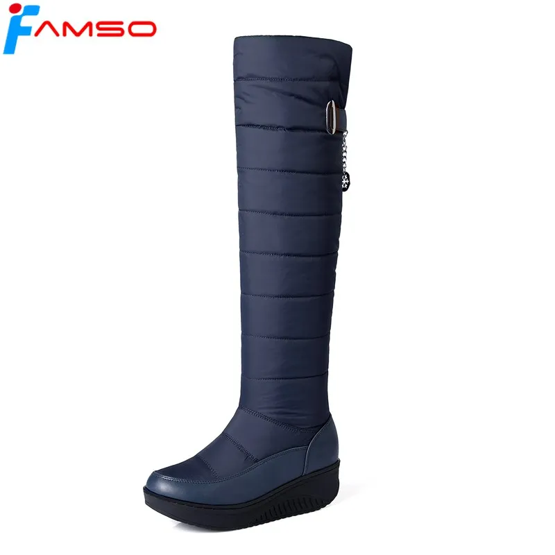 

FAMSO 2017 Shoes Women Boots Black Blue Buckle Thigh High Boots Platforms Winter Russia Outdoor Keep Warm Down Snow Boots Shoes