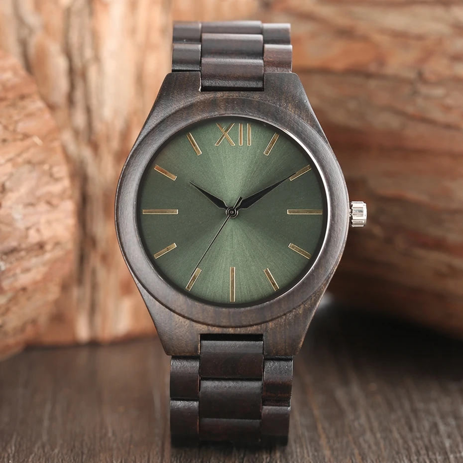 Ebony Full Wooden Watches Creative Light Green Dial Natural Wood Quartz Wrist Watch Mens Bangle Gifts Clock 2017 Reloj de madera 2017 (1)