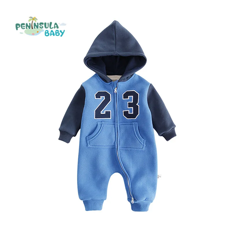 

Baby Thicker Coverall Winter Long Sleeve Jumpsuits Newborn Boys Girls Cute Letter Clothes Hooded Cotton Warm Outerwear Rompers