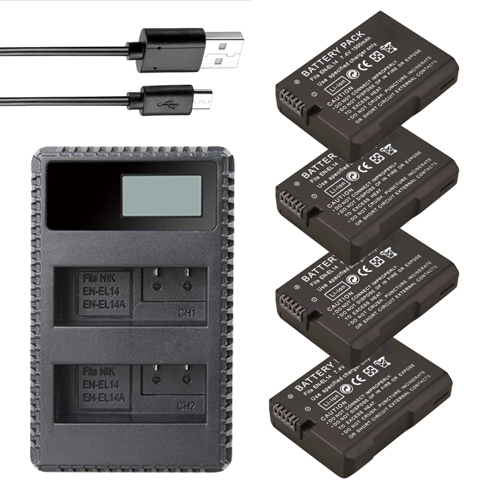 4x 7.4V 1500mAh EN EL14a EN EL14 Battery + Charger for Nikon D90 D300 D5300 D5200 D5100 D3300