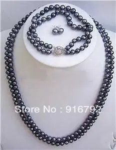 

free P&P >>>>>7-8mm Black Pearl Necklace Bracelet earrng AA+ Sets