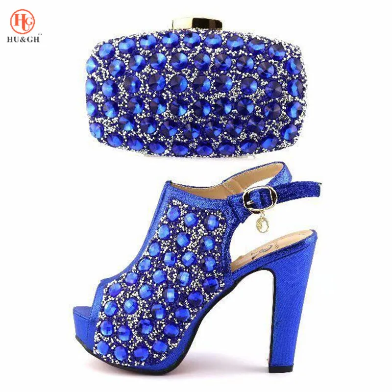 

Blue Color Fashion Italian Shoes With Matching Bags Set For Wedding And Party African Shoes And Bag Sets with Full Rhinestones