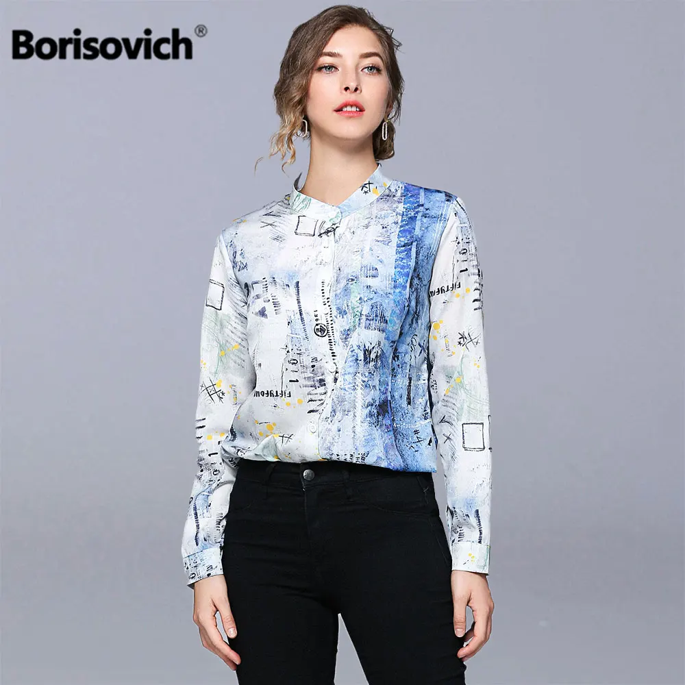

Borisovich Women Casual Blouses Shirts New Brand 2019 Spring Fashion Vintage Print Long Sleeve Office Lady Elegant Shirt N1135