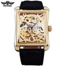 2016 Gagnant Marque Montres Hommes Rectangle Mécanique Main Vent Montres Mâle D’or Cadran Squelette Cuir Artificiel Montres