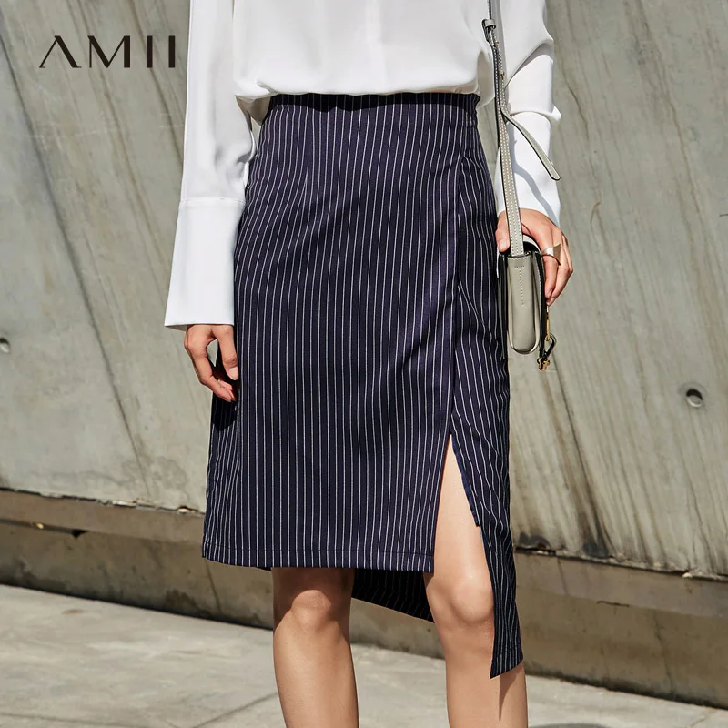 Amii Casual Women Skirts 2017 Asymmetric Striped Straight Female Skirts