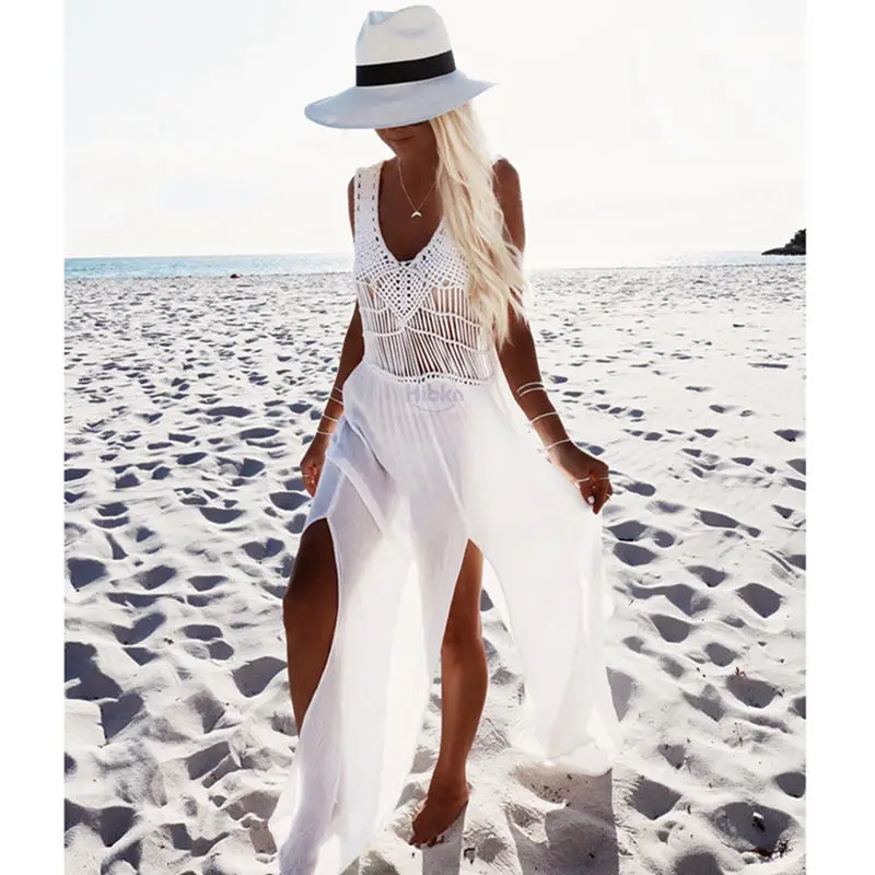 Crochet Chiffon patchwork beach dress tassels saida de praia crochet beach covers up fringe beachwear plait coverup