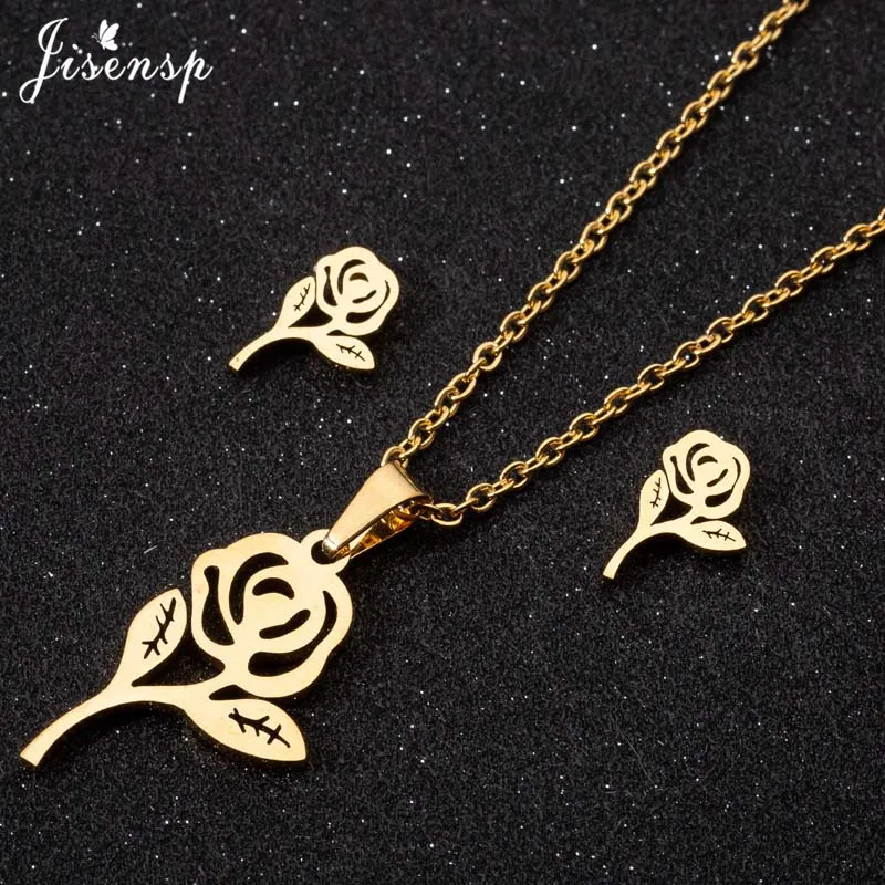 

Jisensp Bohemia Rose Flower Choker Necklace Wedding Jewelry Set Fashion Flower Earrings for Women Femme Brinco acero inoxidable