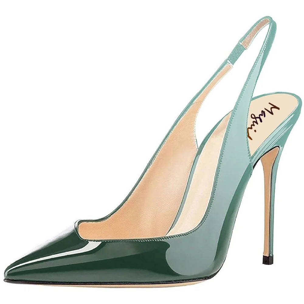 Женская обувь; туфли-лодочки из высококачественной лакированной кожи с острым носком на шпильке; босоножки с петлей на пятке; модельные туфли; сезон весна-лето; женская обувь - Цвет: Dark green