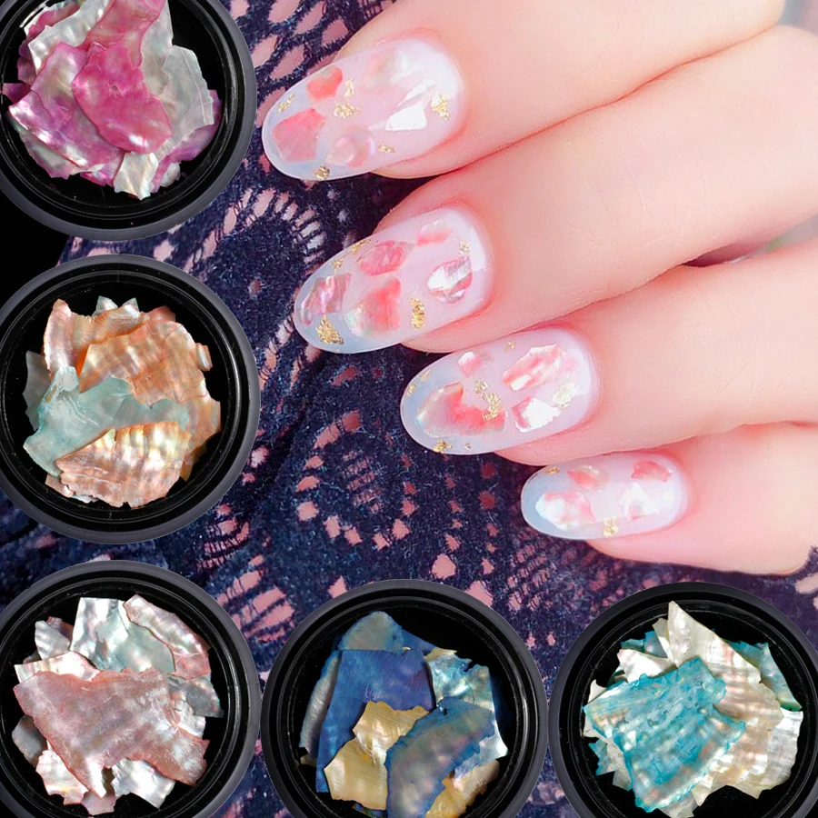 

6 colors Texture Natural SeaShell 3d Charm Nail Art Decoration Slices Particle Crushed Shell DIY Salon Nail Decals Tools