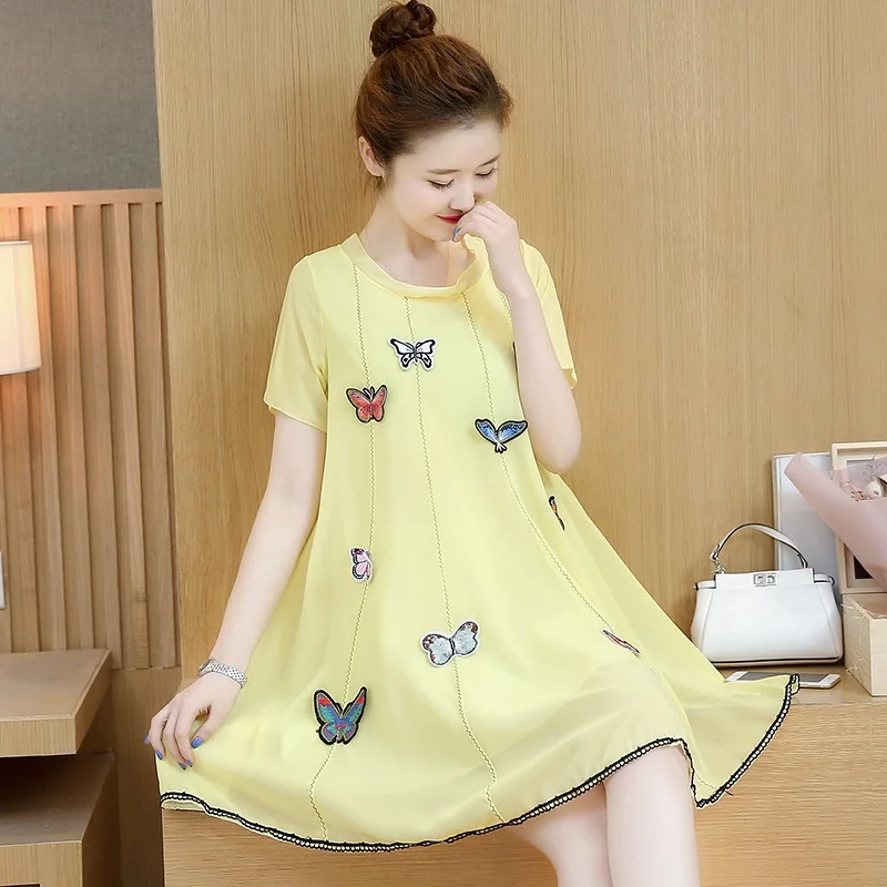 

Pregnant women summer dress chiffon short-sleeved Korean version of the bow large size maternity dress pregnancy skirt